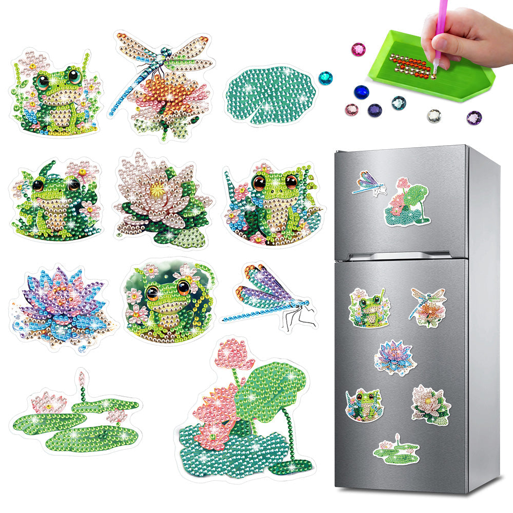 11Pcs Frog and Lotus Diamond Painting Fridge Magnets Kit