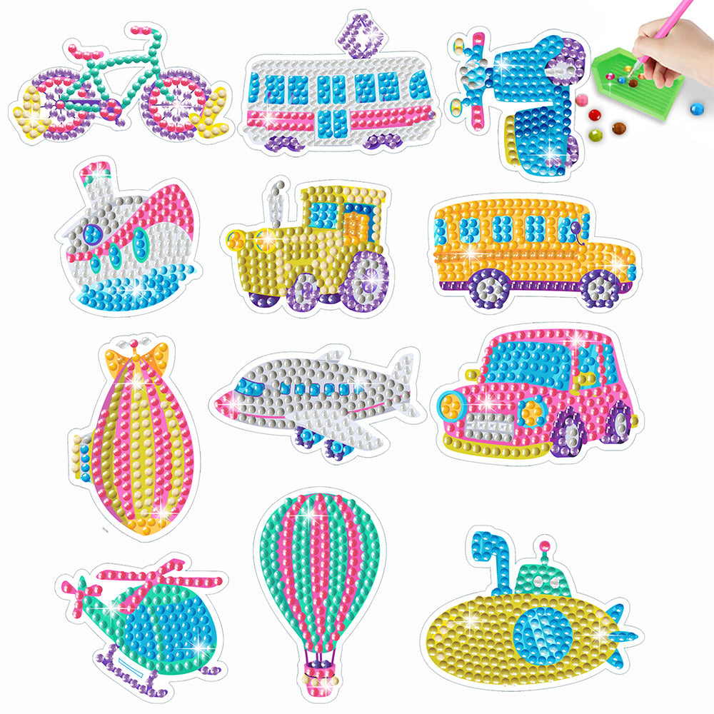 12Pcs Various Cartoon Vehicles Diamond Painting Stickers