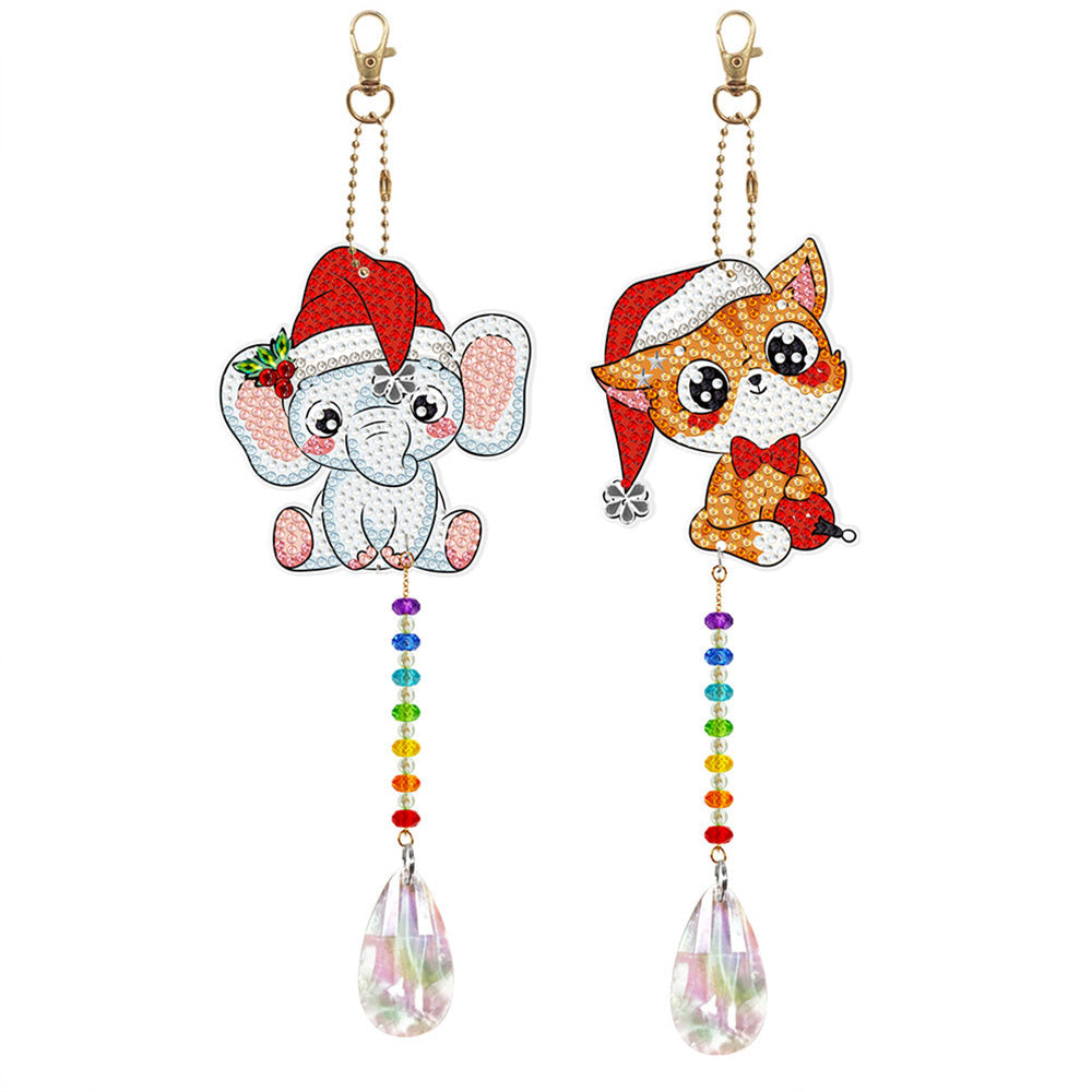 2Pcs Double-Sided Diamond Painting Crystal Suncatcher Hanging Ornament - Christmas Elephant and Cat
