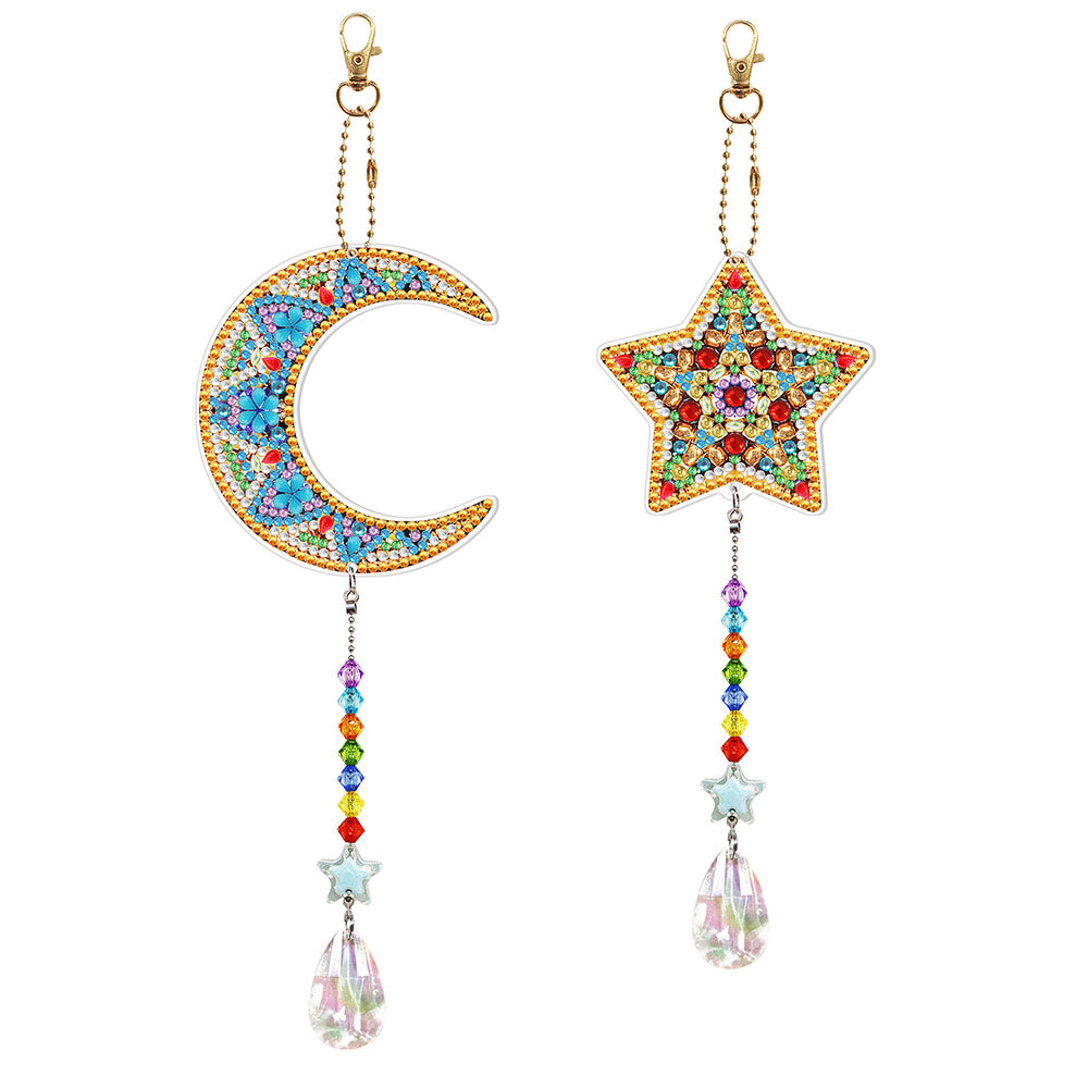 2Pcs Double-Sided Diamond Painting Crystal Suncatcher Hanging Ornament - Moon and Star