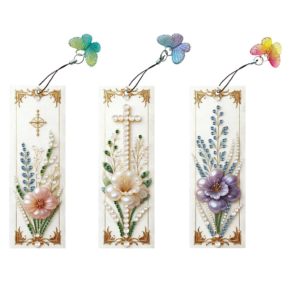 3PCS Pearl Diamond Painting Bookmark Kit – Flowers and Cross