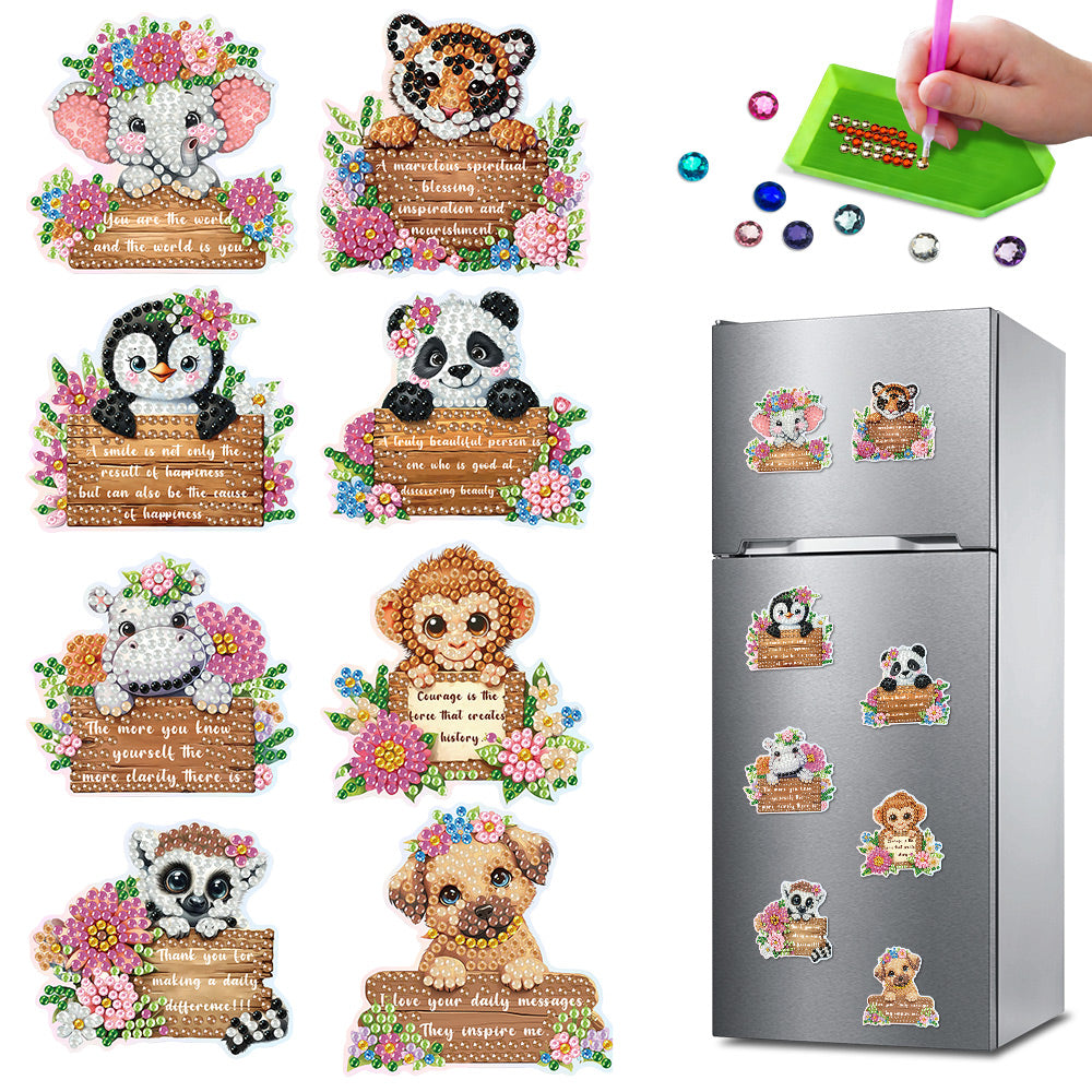 8Pcs Animals and Inspirational Quotes Diamond Painting Fridge Magnets Kit