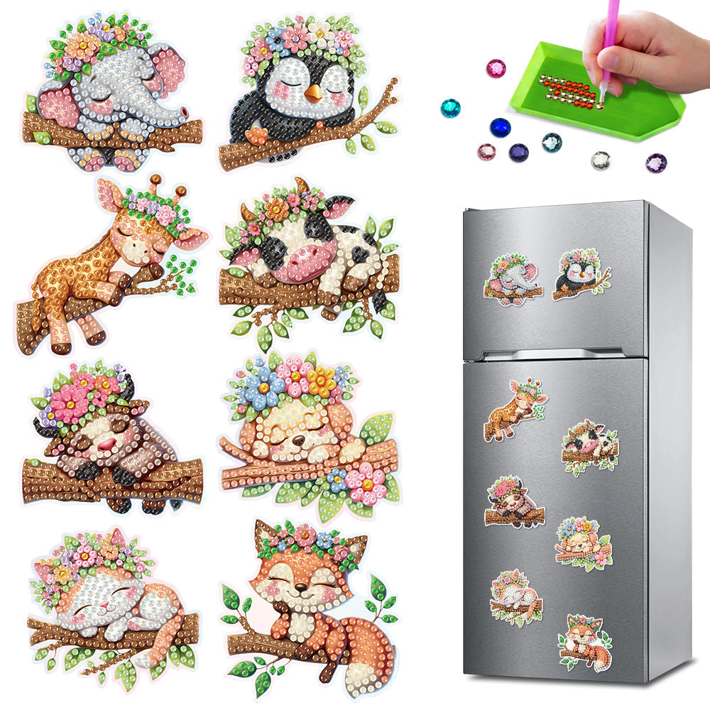 8Pcs Sleeping Animals Diamond Painting Fridge Magnets Kit