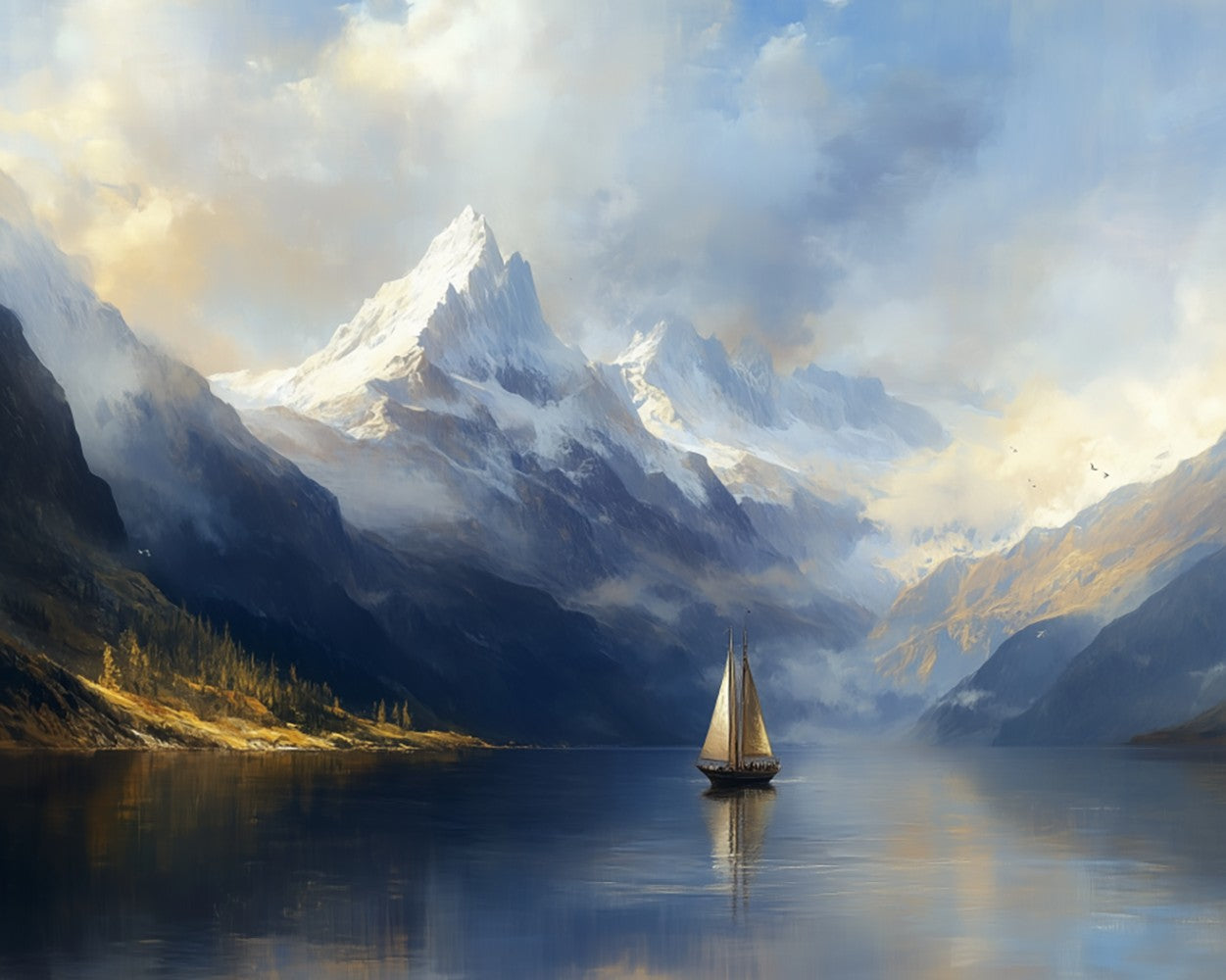 A Tranquil Lake surrounded by Snow-Capped Mountains Diamond Painting