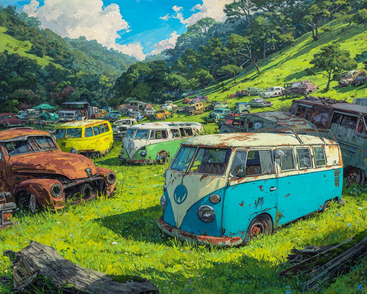 A Vehicle Dumping Ground in a Lush, Green Hilly Area Diamond Painting