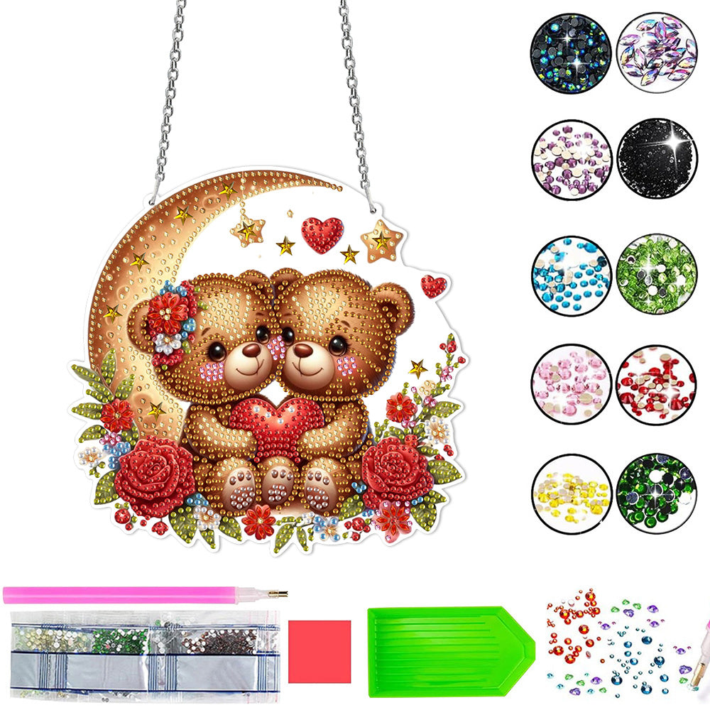 Acrylic Cartoon Bears in Love on the Moon Diamond Painting Hanging Pendant