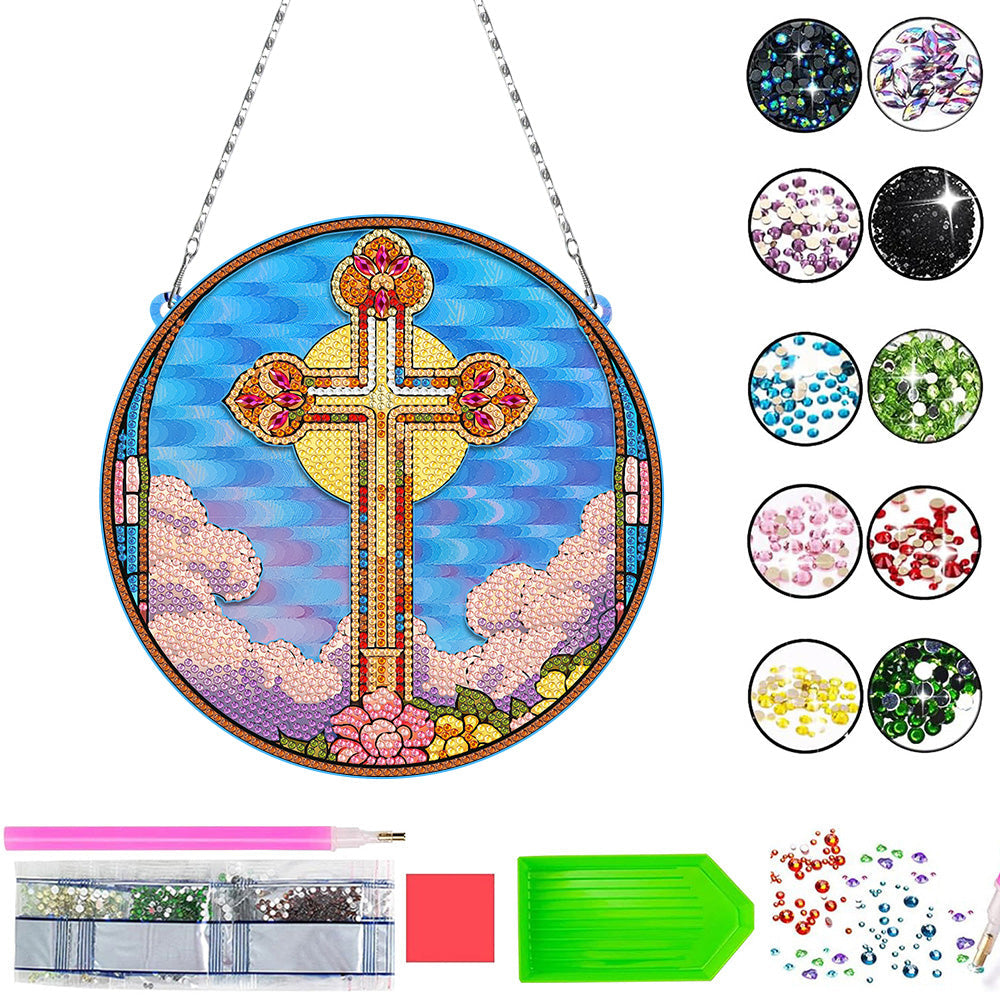 Acrylic Cross and Sun Diamond Painting Hanging Pendant