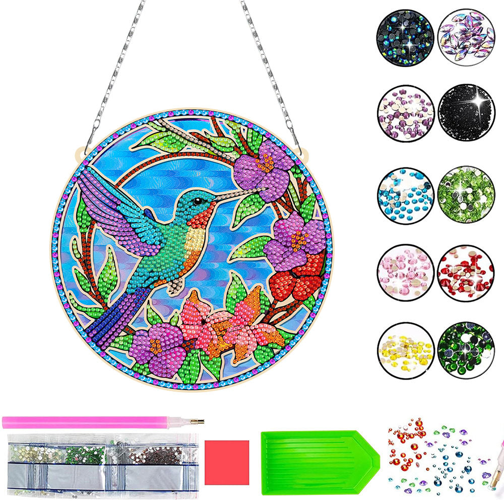 Acrylic Hummingbird and Hibiscus Diamond Painting Hanging Pendant