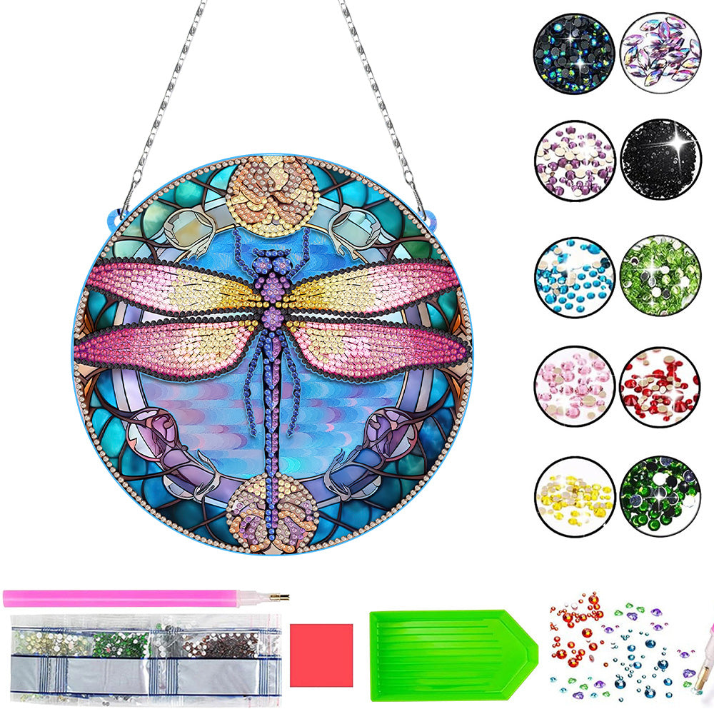 Acrylic Pink-Winged Dragonfly Diamond Painting Hanging Pendant
