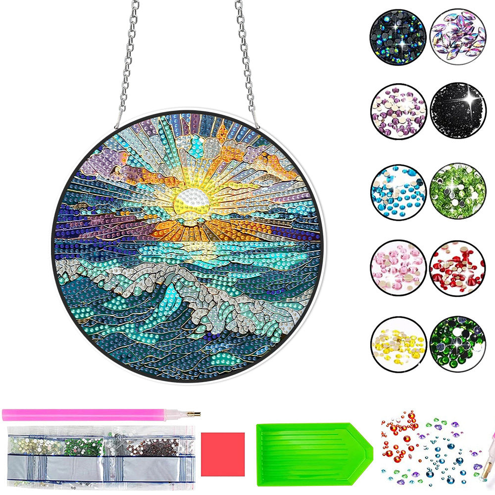 Acrylic Sunrise at Sea Diamond Painting Hanging Pendant