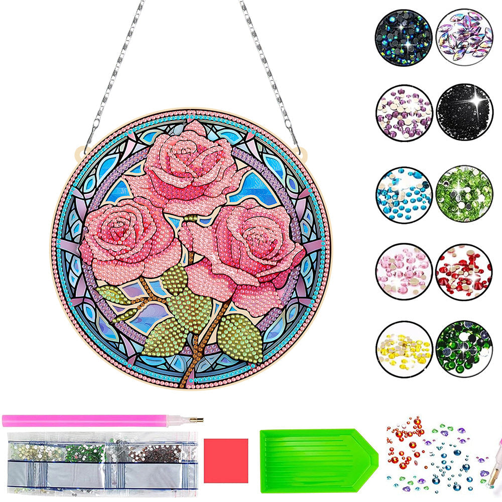 Acrylic Three Pink Roses Diamond Painting Hanging Pendant