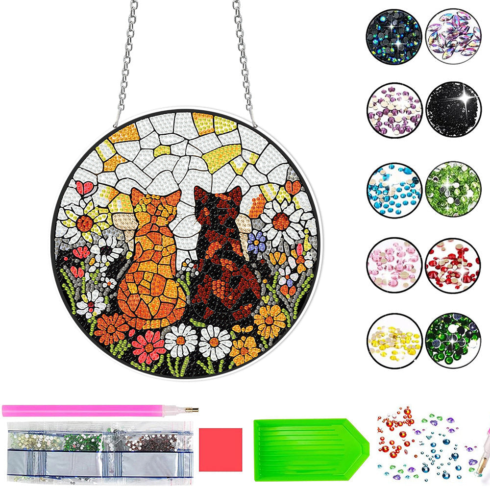Acrylic Two Cats in a Daisy Field Diamond Painting Hanging Pendant