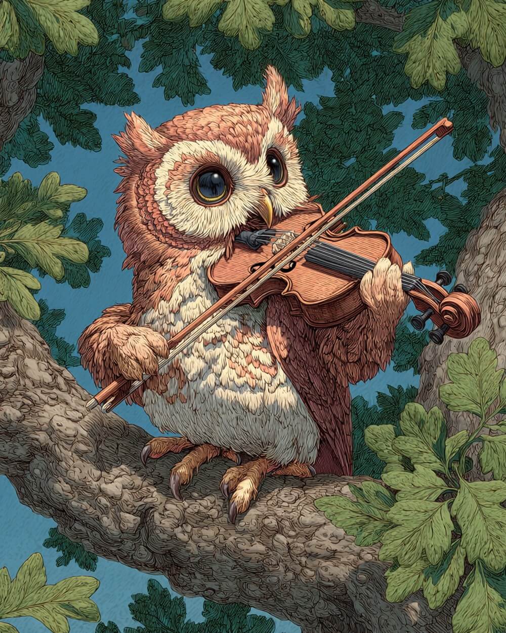 An Owl Playing the Violin in a Tree Diamond Painting