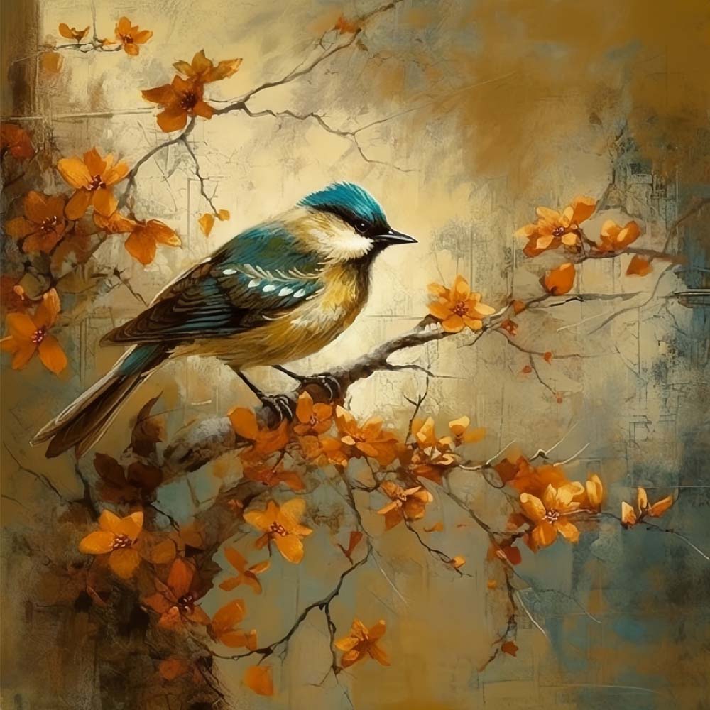 Bird on Orange Flower Tree Diamond Painting