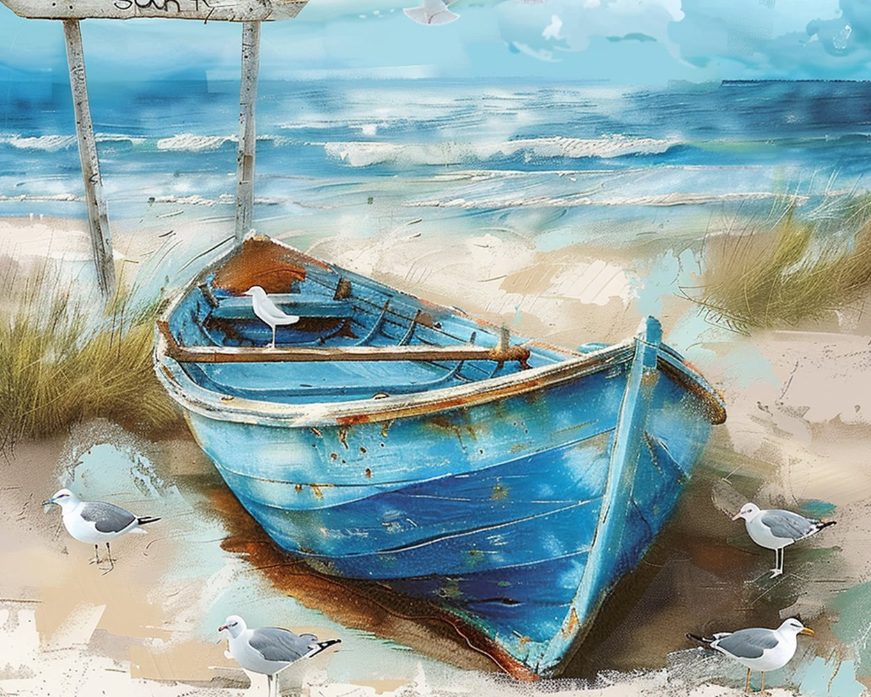 Blue Boat on the Beach Diamond Painting