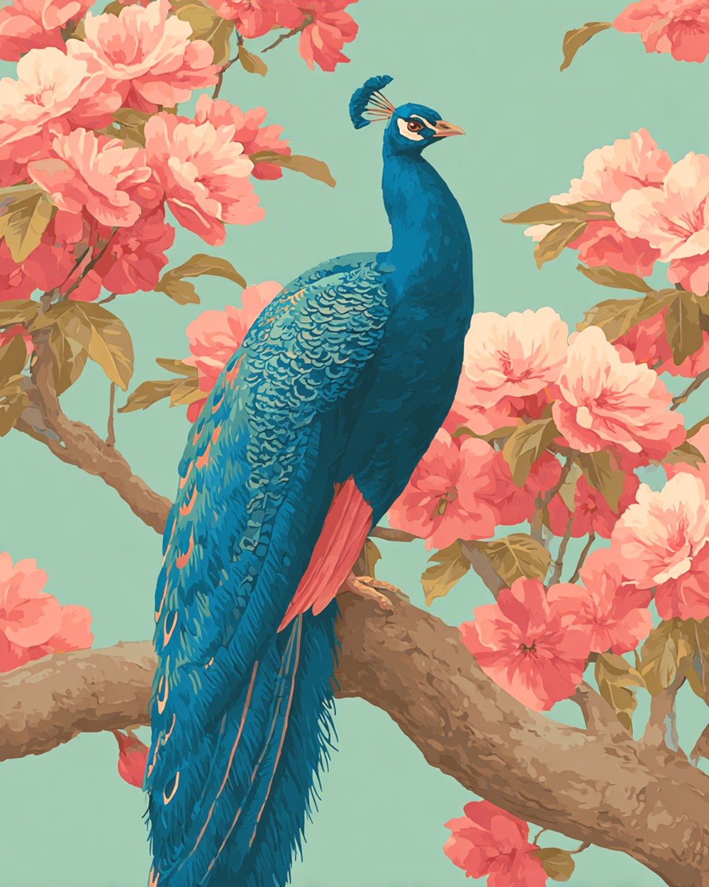 Blue Peacock on a Pink Flowering Tree Diamond Painting