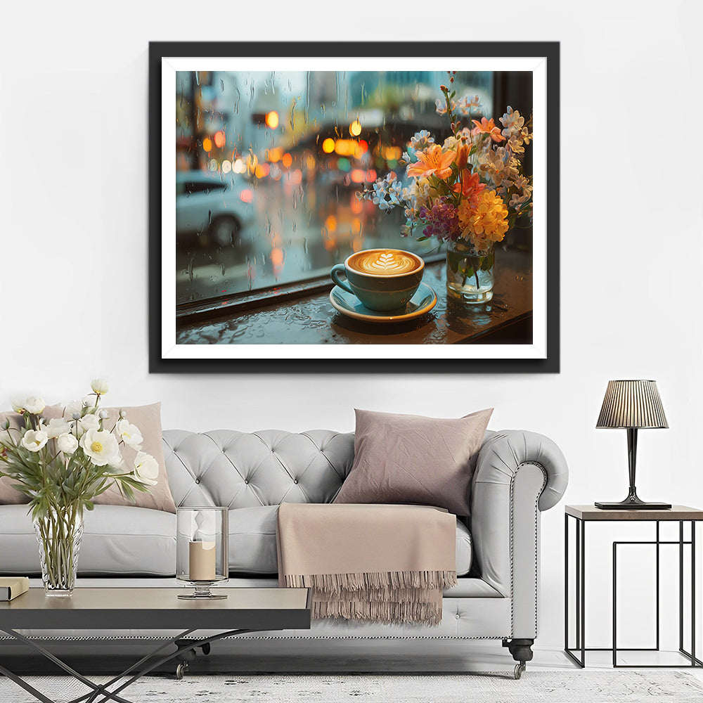 Coffee and Flowers on the Windowsill on a Rainy Day Diamond Painting