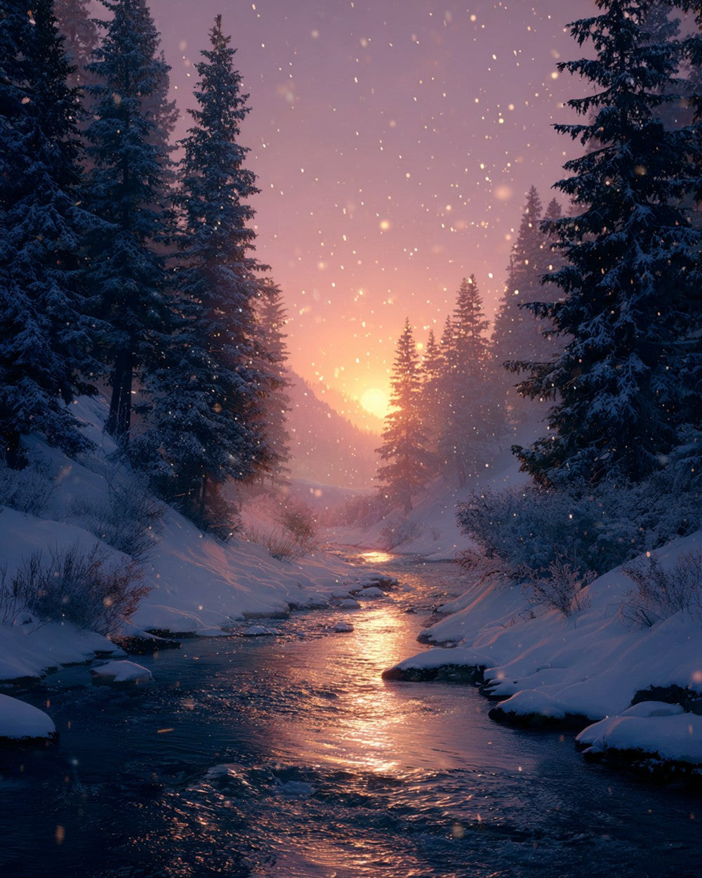 Forest and River in the Snow Diamond Painting