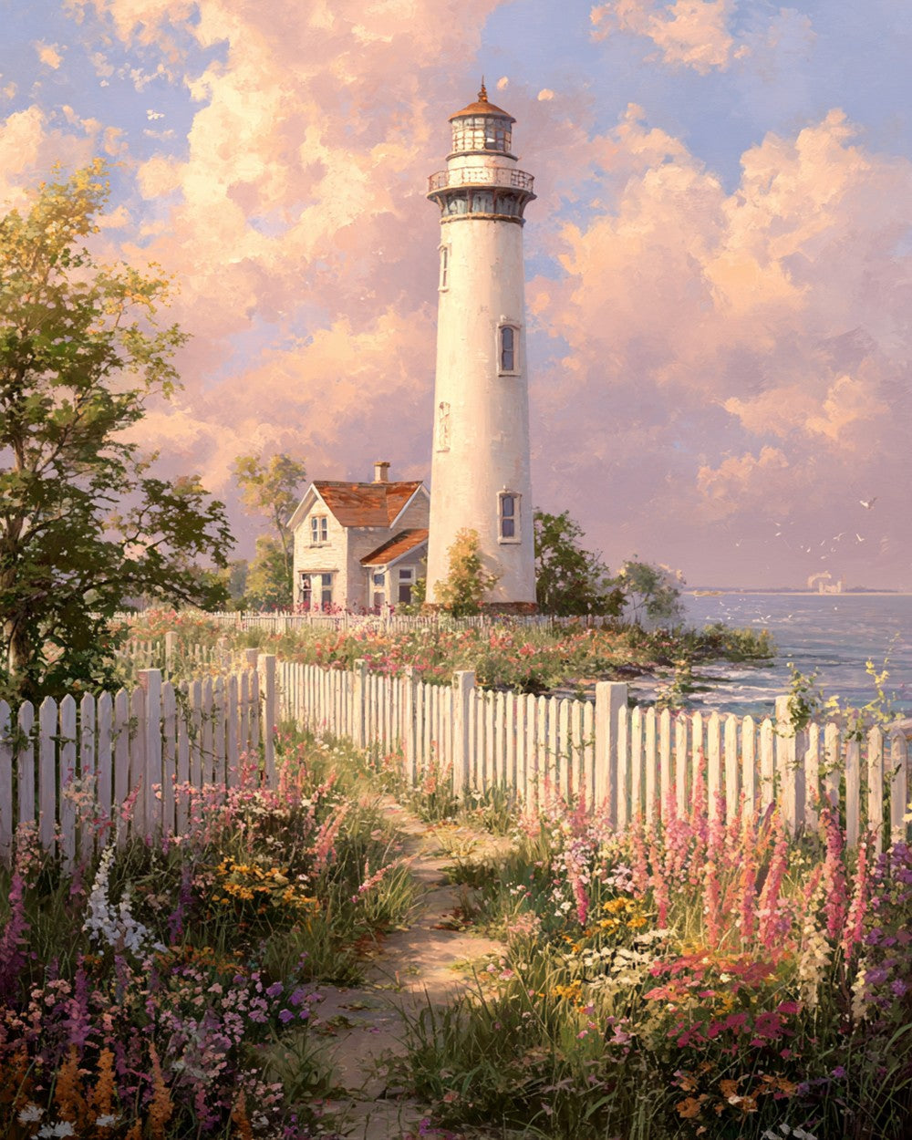 Garden Path beside the White Lighthouse Diamond Painting
