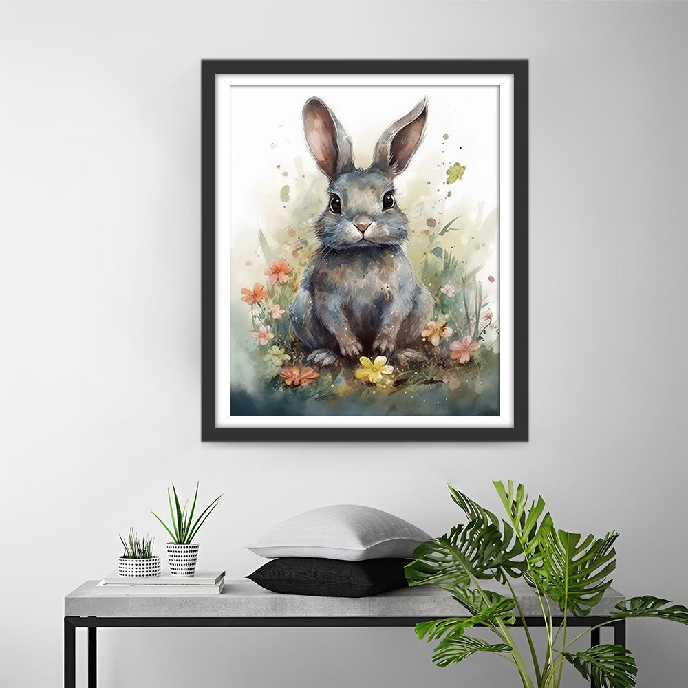 Gray Rabbit and Flowers Diamond Painting