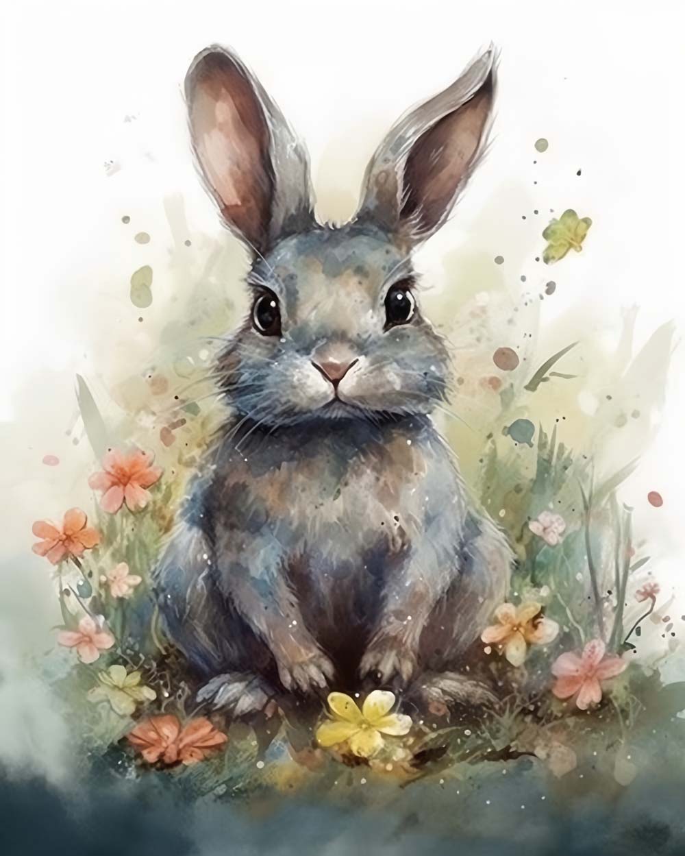 Gray Rabbit and Flowers Diamond Painting