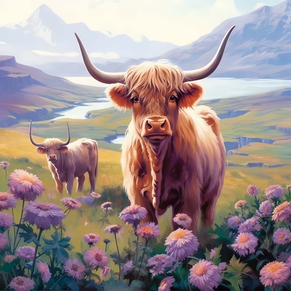 Highland Cows and Purple Flowers Diamond Painting