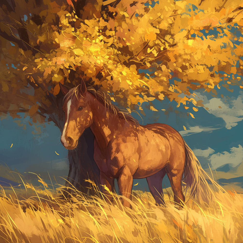 Horse under the Tree in Autumn Diamond Painting