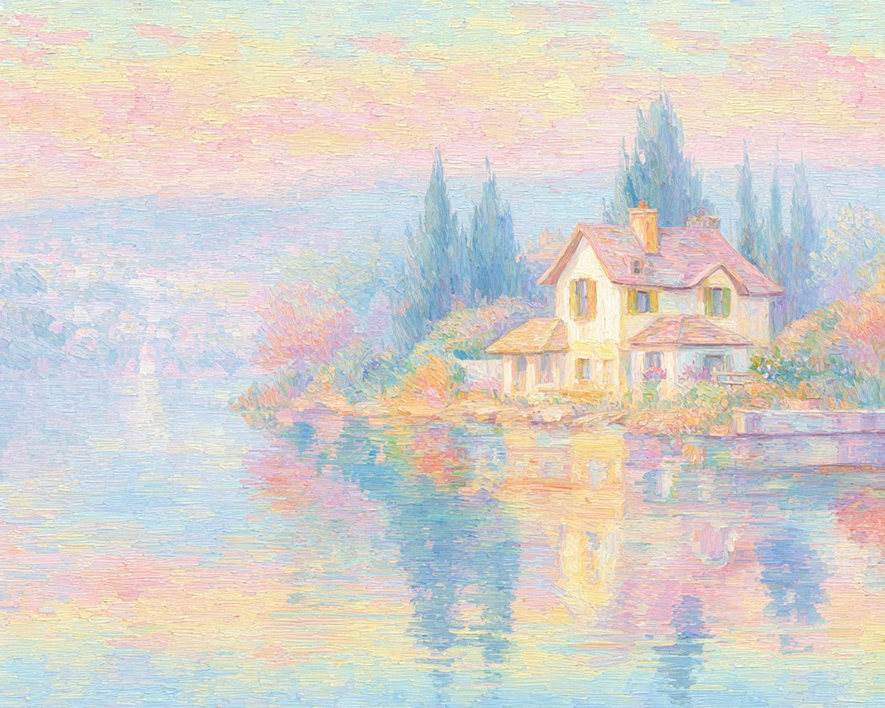 Lakeside House in the Mist Diamond Painting