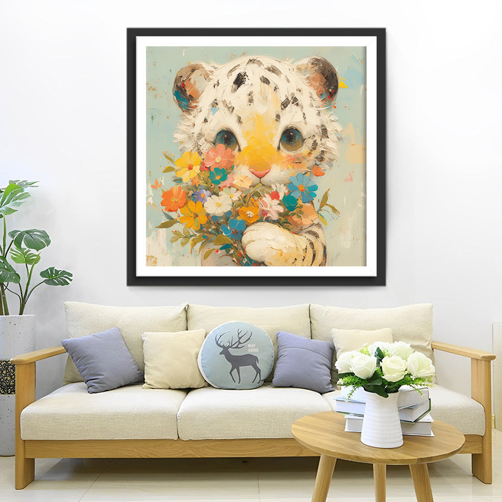 Little White Tiger Holding Flowers Diamond Painting