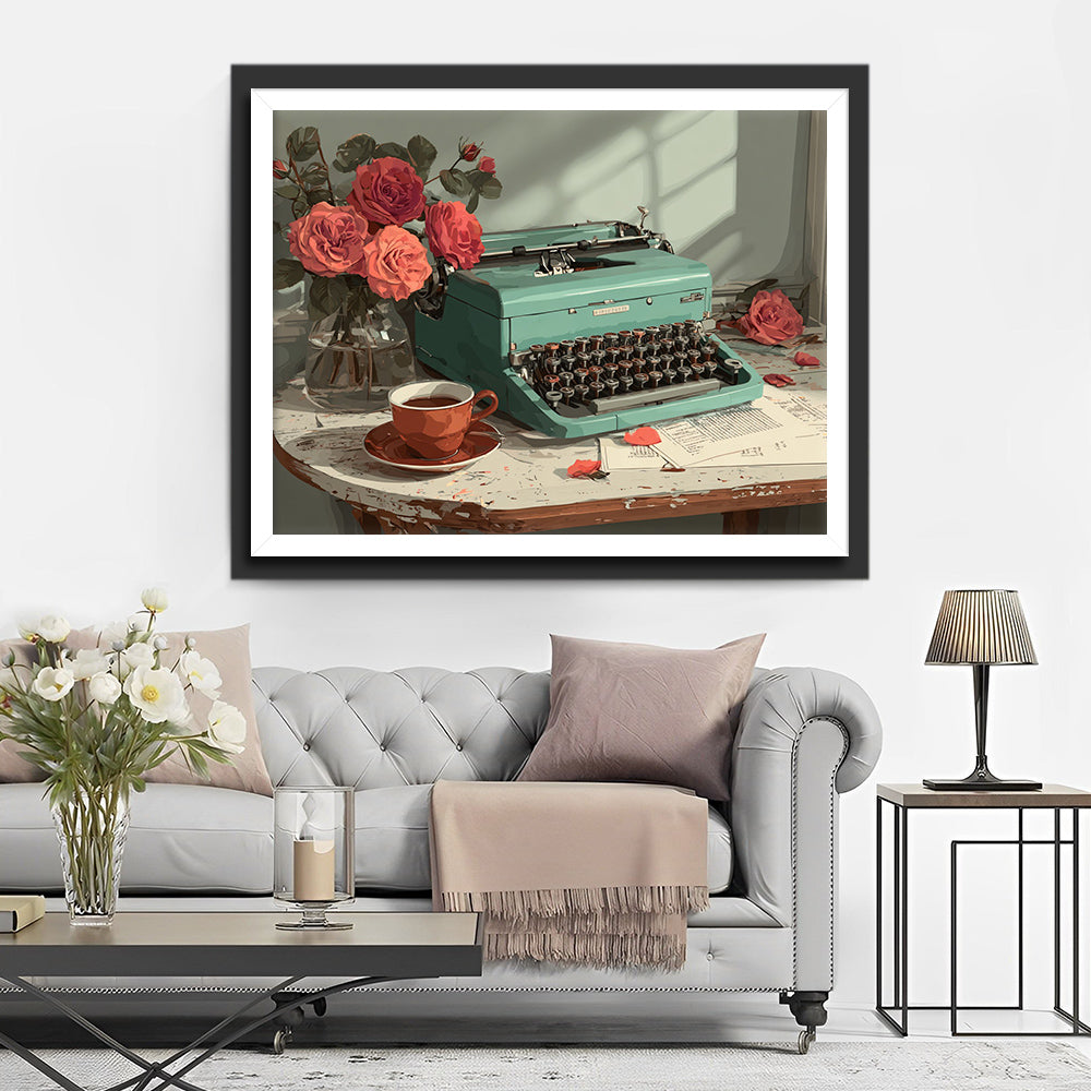 Mint Green Old-Fashioned Typewriter and Red Roses Diamond Painting