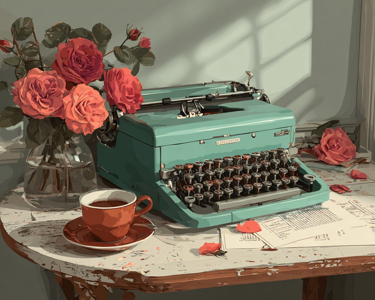 Mint Green Old-Fashioned Typewriter and Red Roses Diamond Painting
