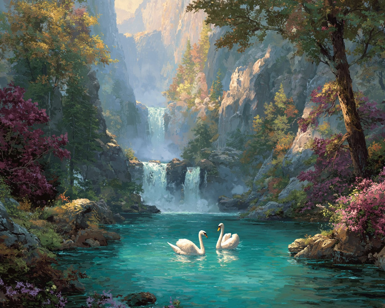 Mountain Waterfalls and Swans Diamond Painting