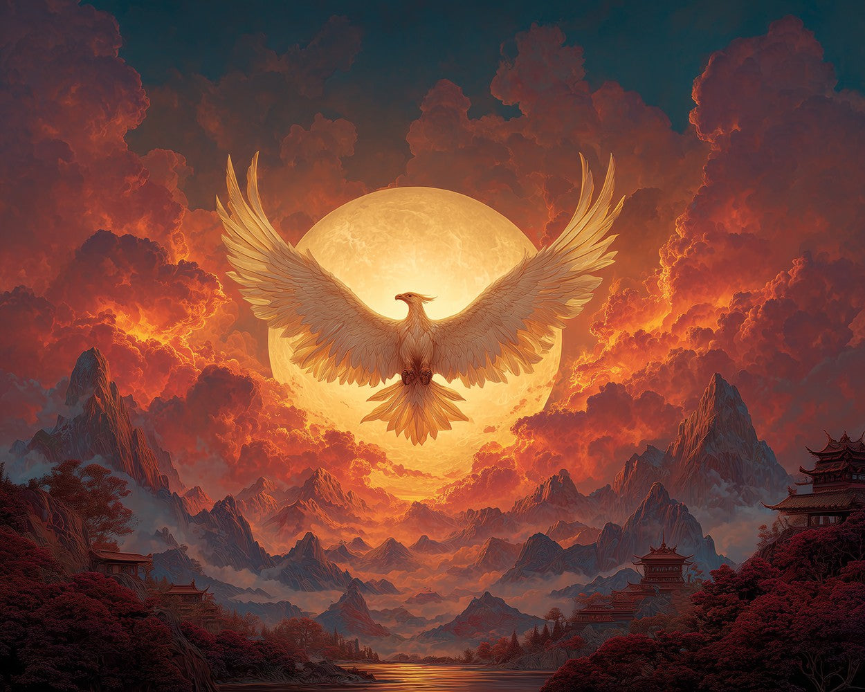 Phoenix before the Full Moon and Fiery Red Clouds Diamond Painting
