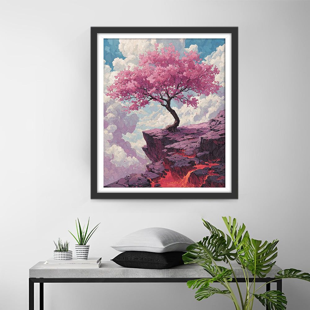 Pink Flowering Tree on the Cliff Diamond Painting