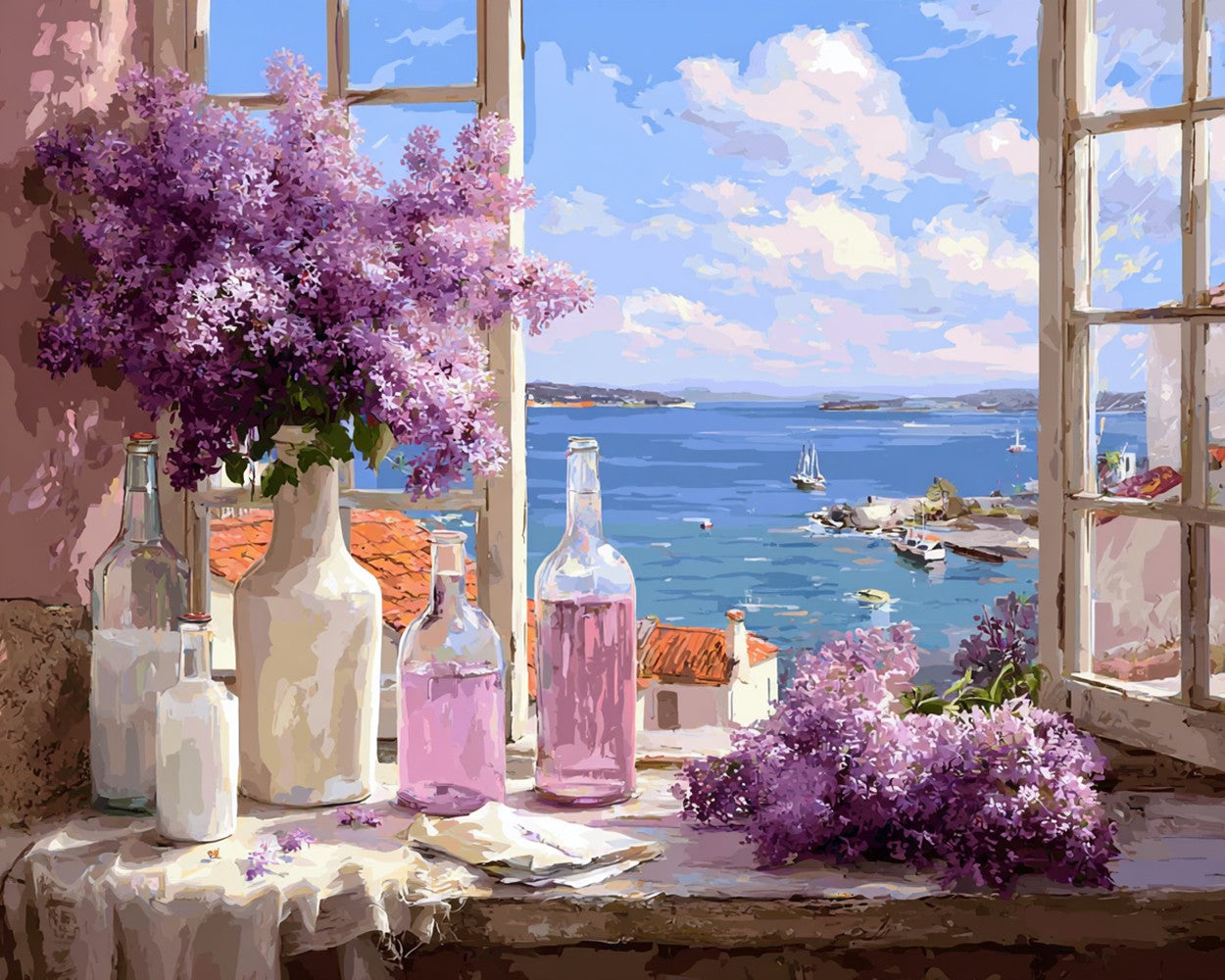 Purple Lilacs on the Windowsill by the Sea Diamond Painting