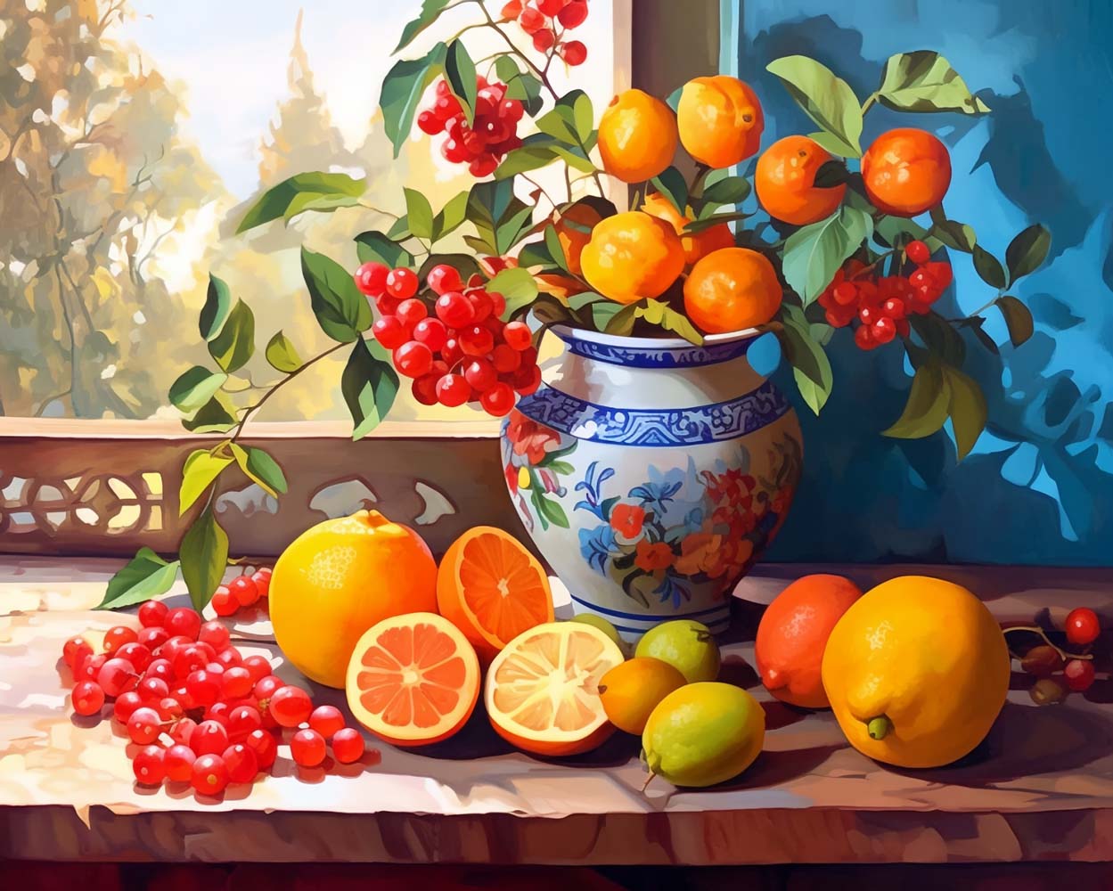 Raspberries and Oranges on the Windowsill Diamond Painting