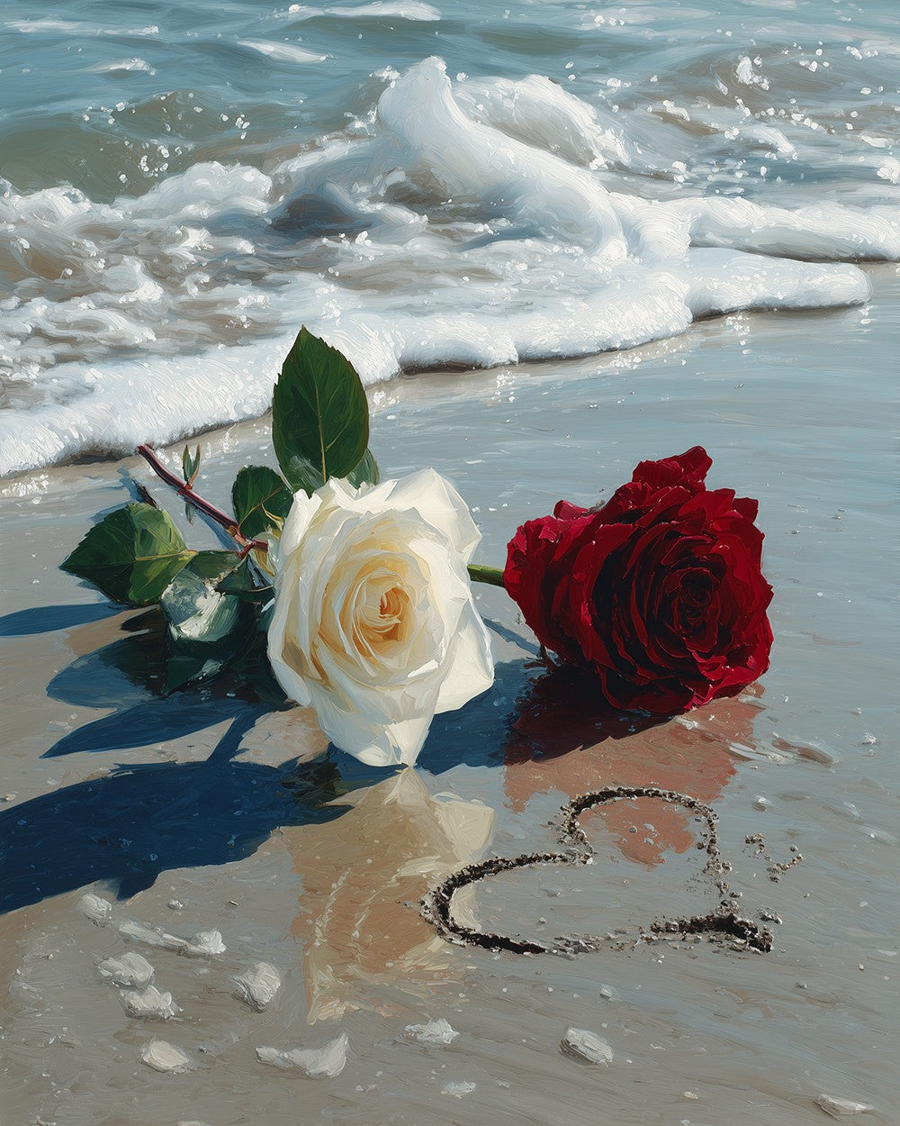 Red and White Roses on the Beach Diamond Painting