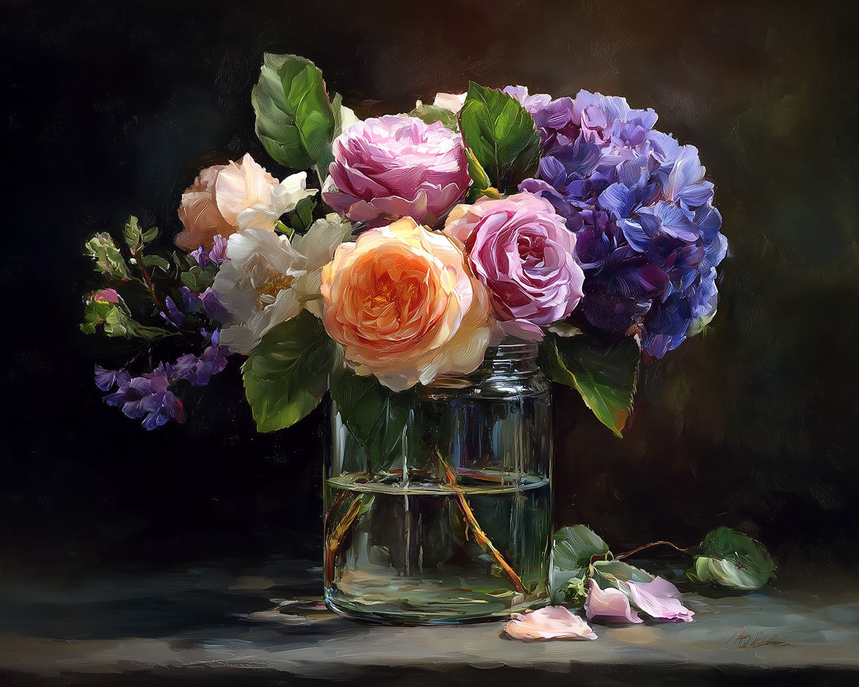 Roses and Hydrangeas in a Glass Vase Diamond Painting