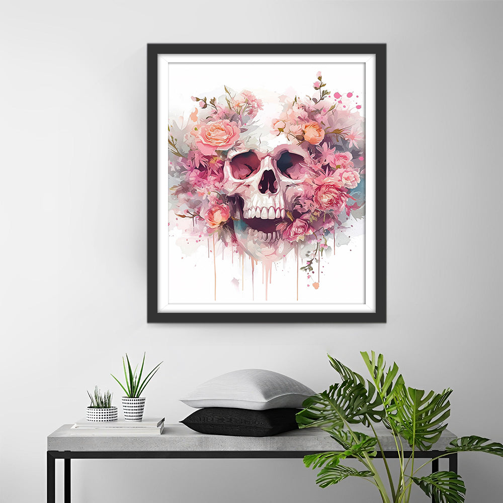 Skull between Pink Flowers Diamond Painting