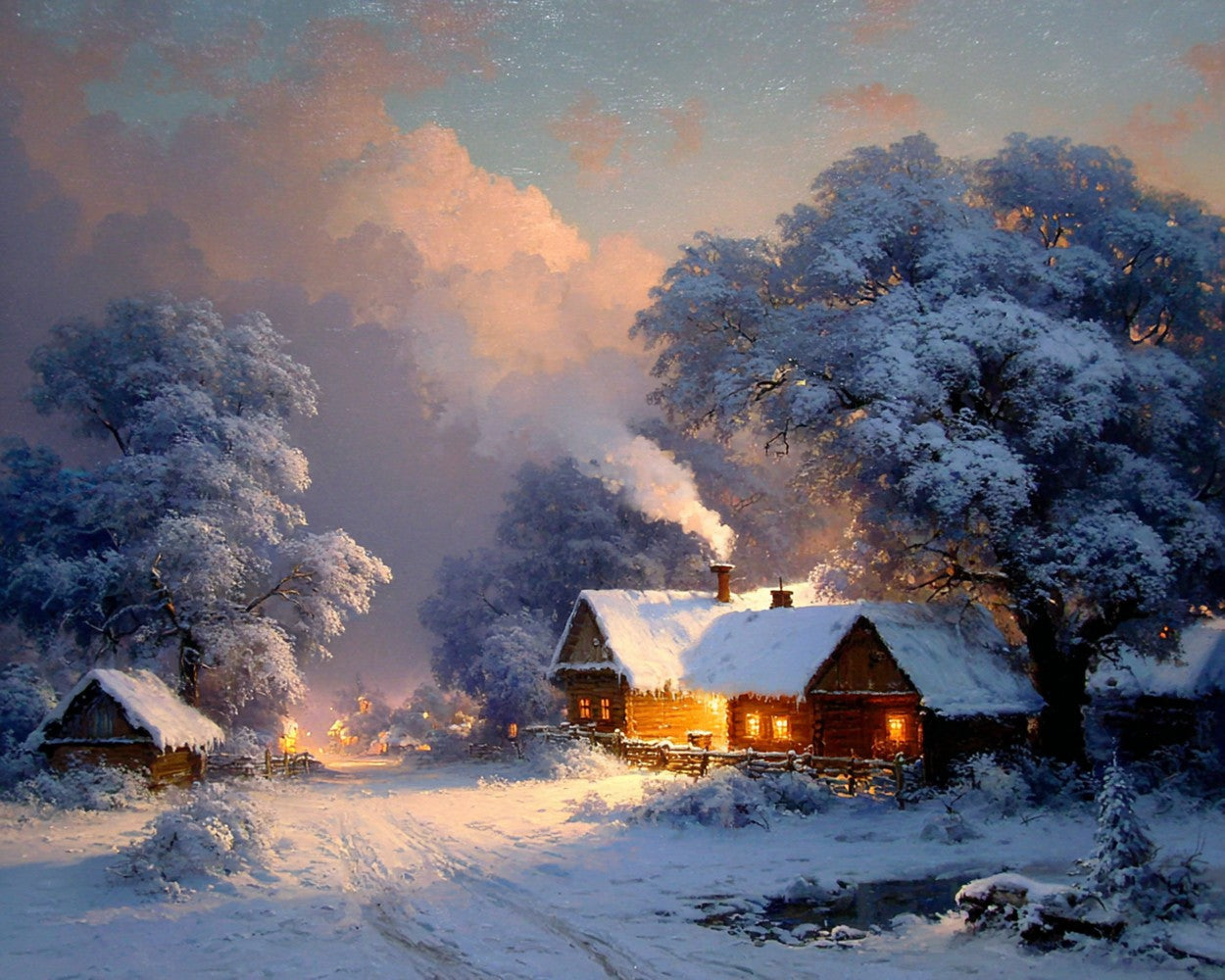Snow-Covered Wooden House and Trees Diamond Painting