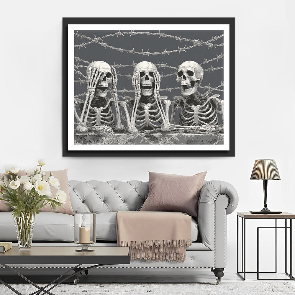 Three Skulls surrounded by Wire Mesh Diamond Painting