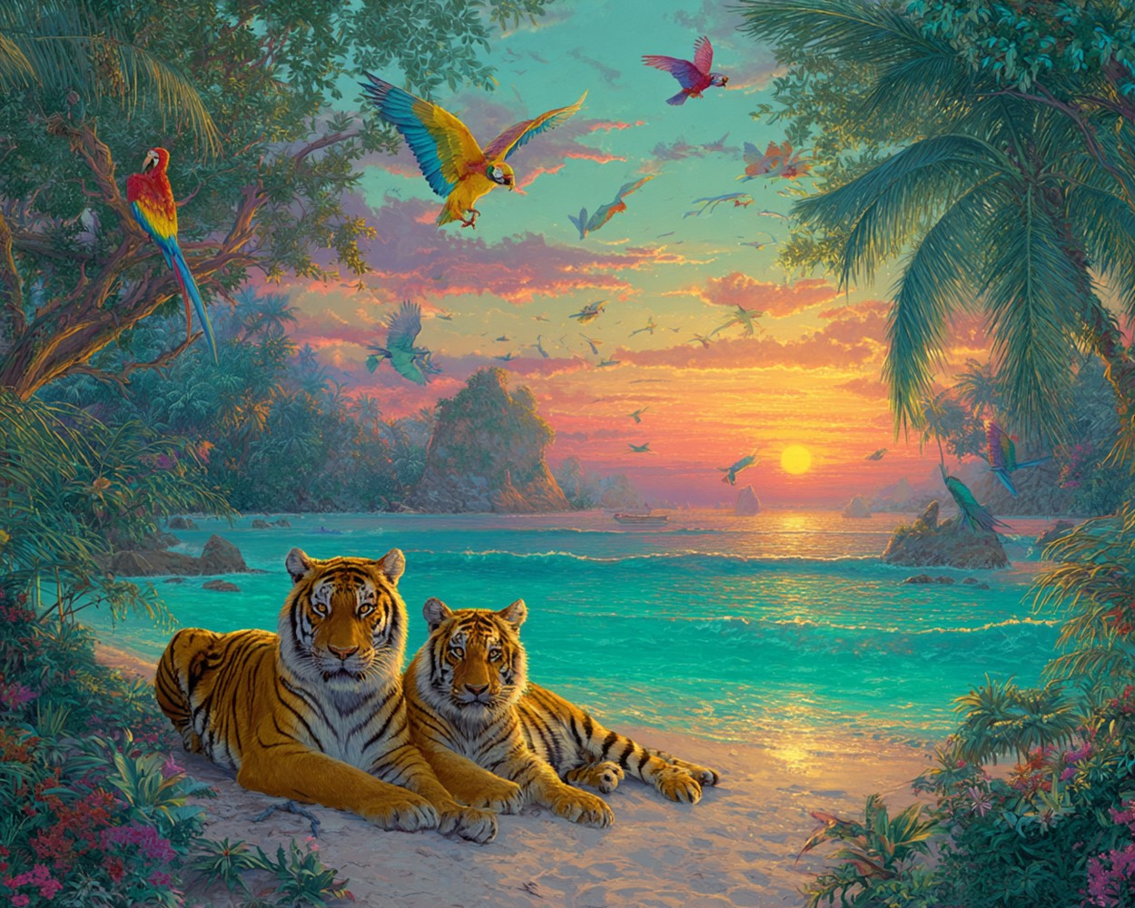 Tigers and Parrots by the Green Lake Diamond Painting