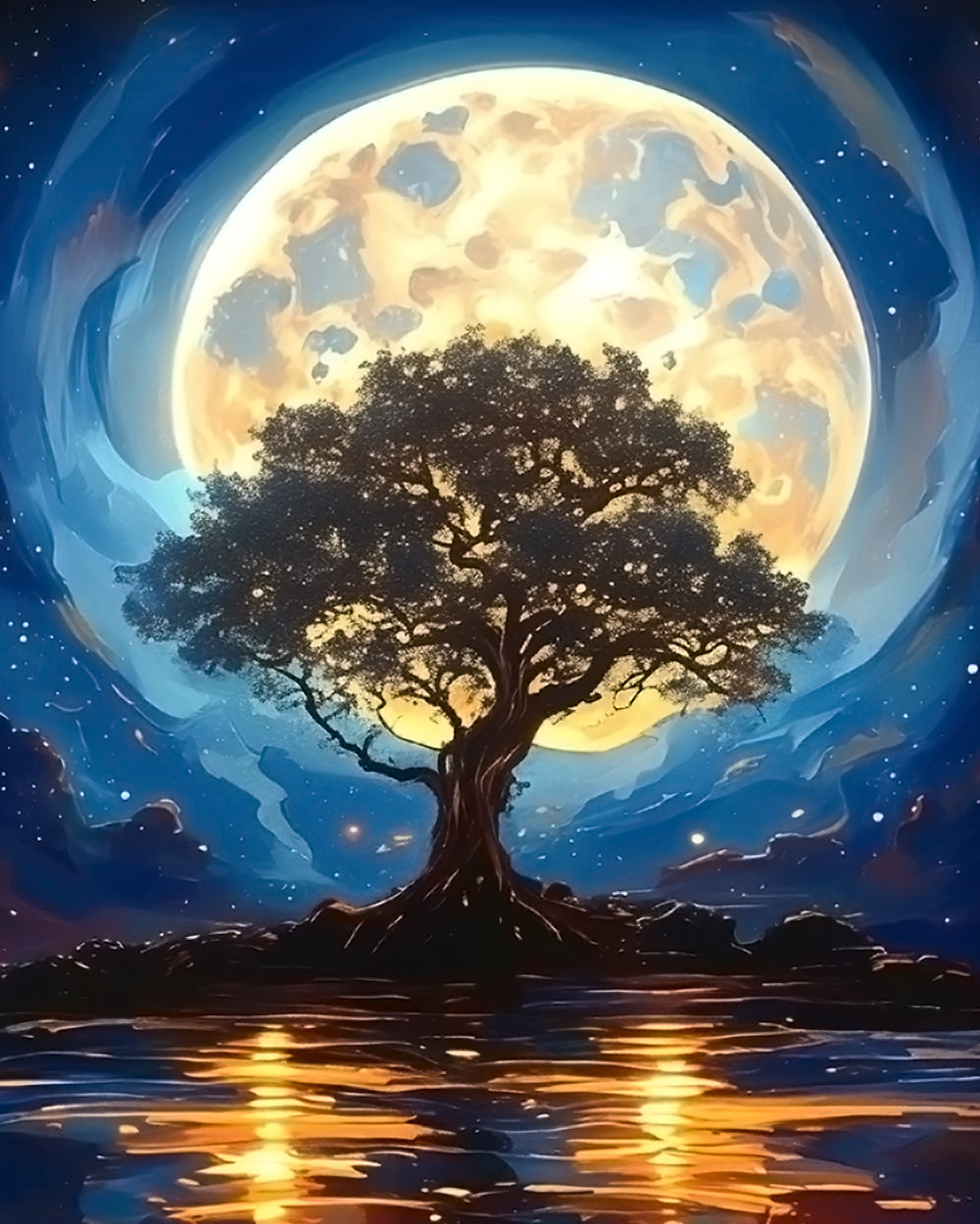 Tree Moon Lake Diamond Painting