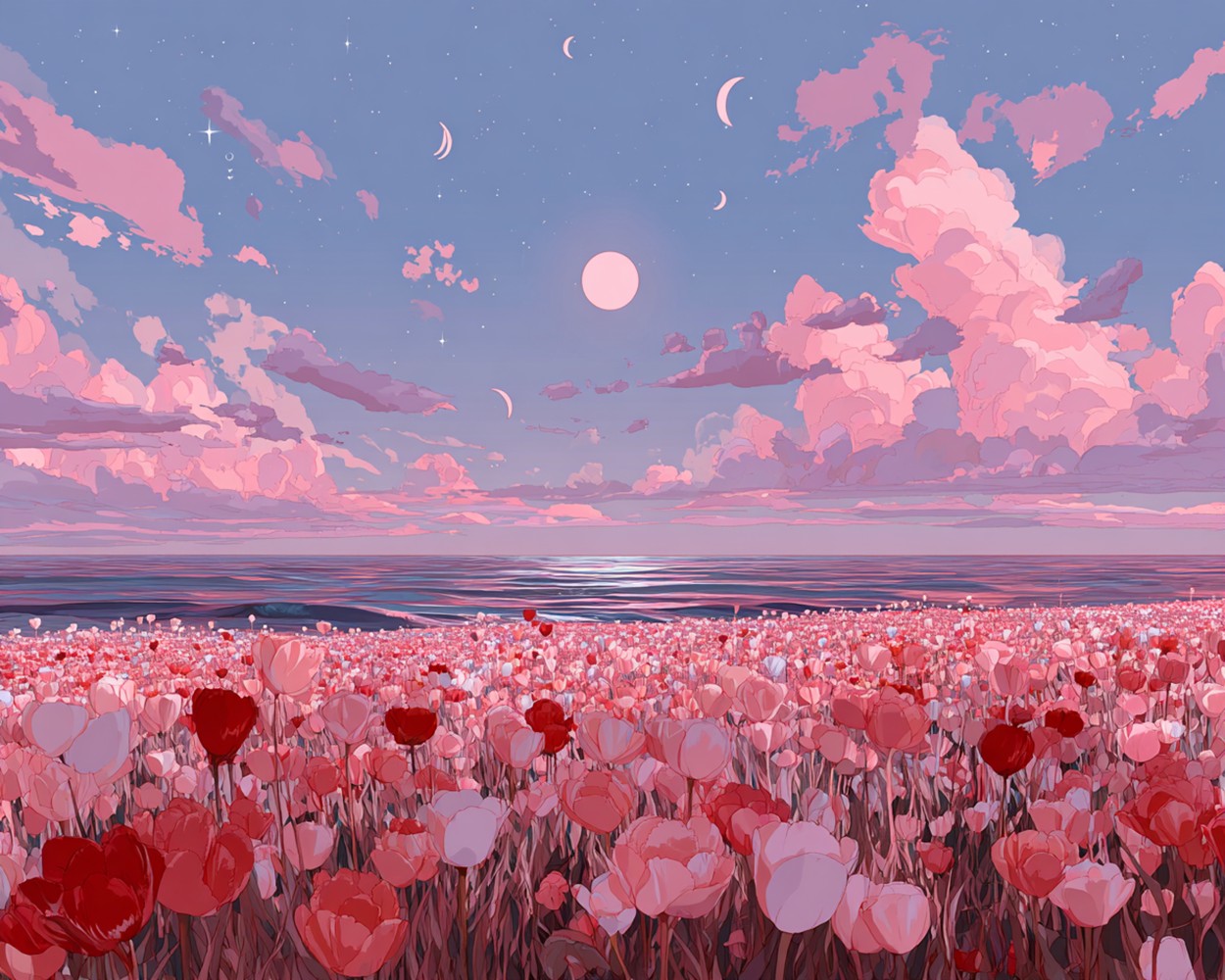 Tulip Fields and the Blue Sea under a Pink Sky Diamond Painting