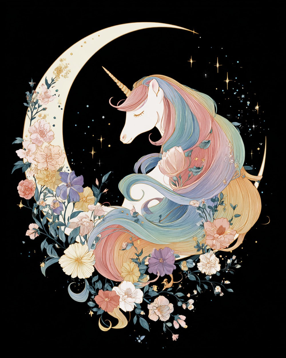 Unicorn and Flowers on the Moon Diamond Painting