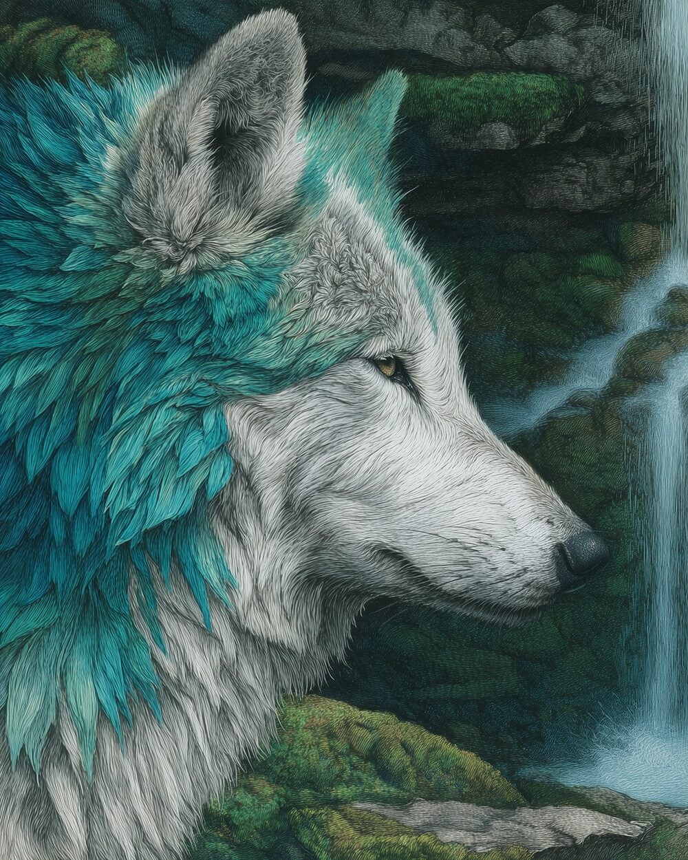 Waterfall and Wolf Diamond Painting