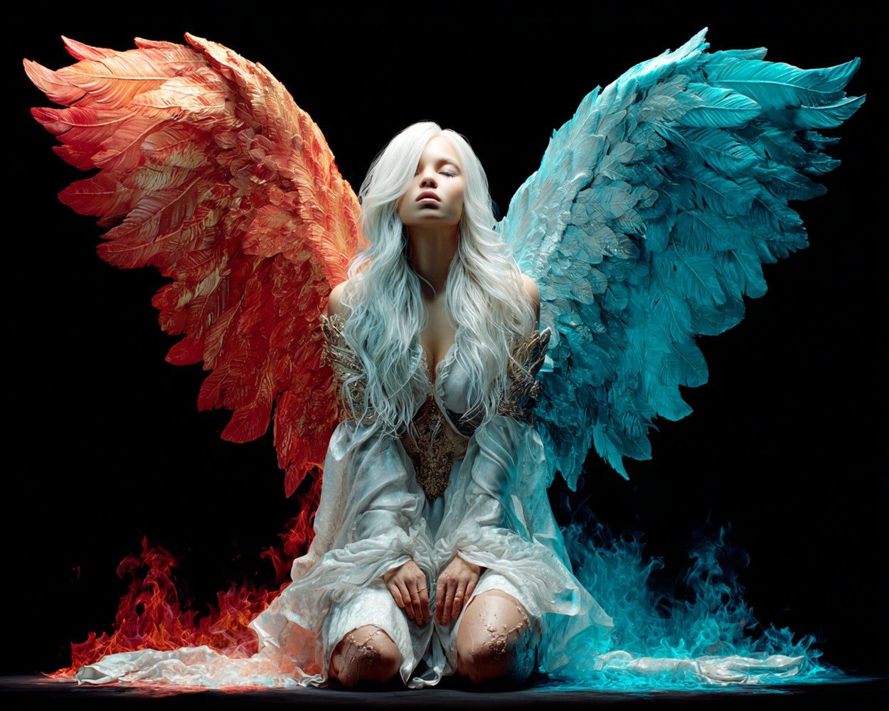 White-Haired Angel with Wings of Ice and Fire Diamond Painting