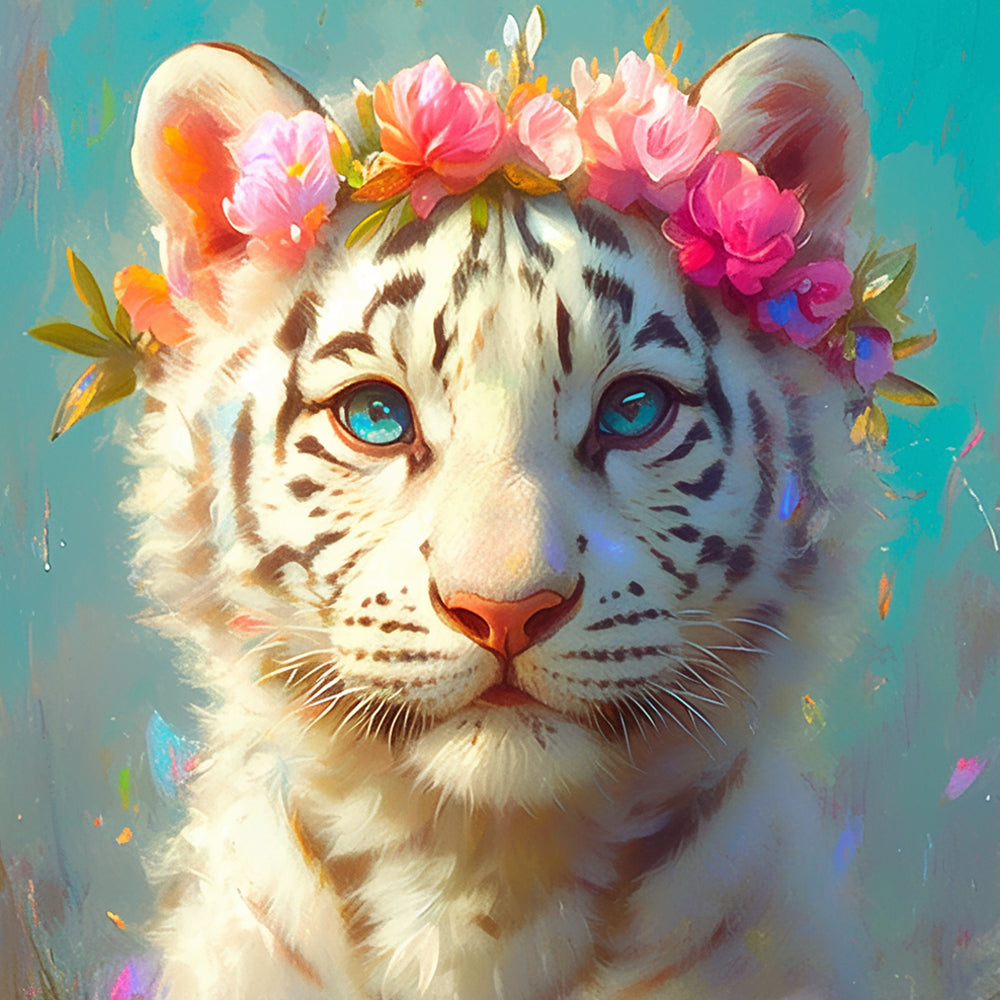 White Tiger with Pink Flowers Diamond Painting