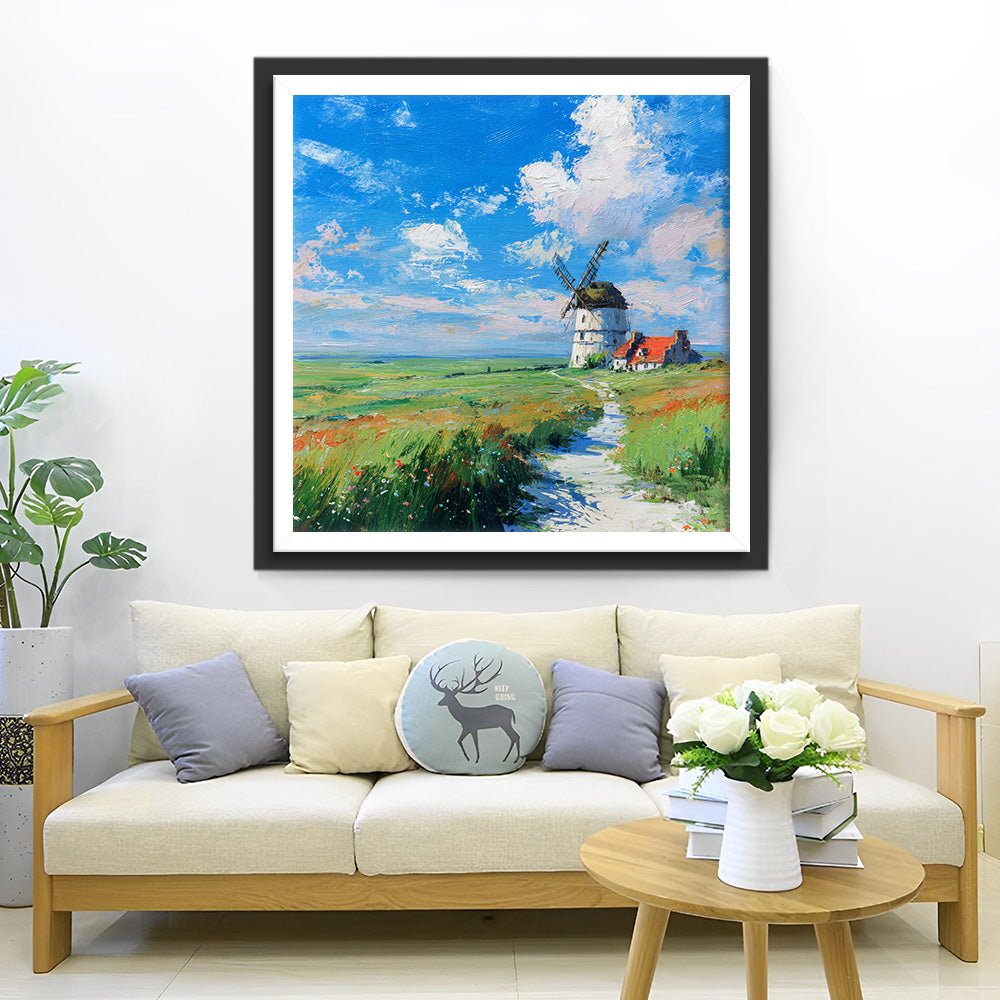 Windmill on the Green Grassland Diamond Painting