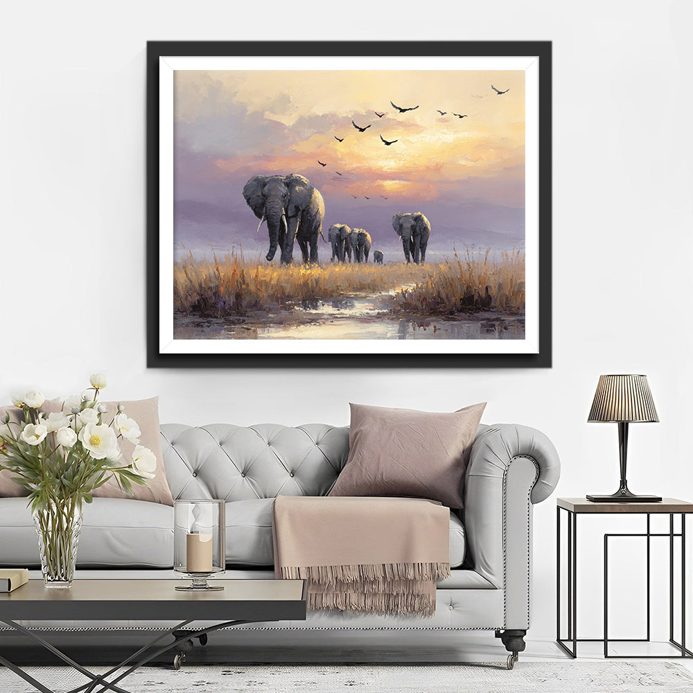 Winter Grassland Elephants Diamond Painting